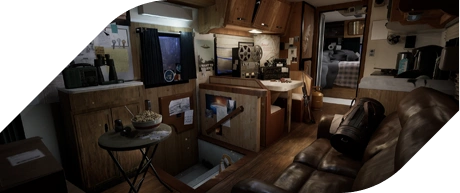 A cozy interior featuring wood cabinets, a sofa, a kitchen area, a table with snacks, and a mysterious staircase.